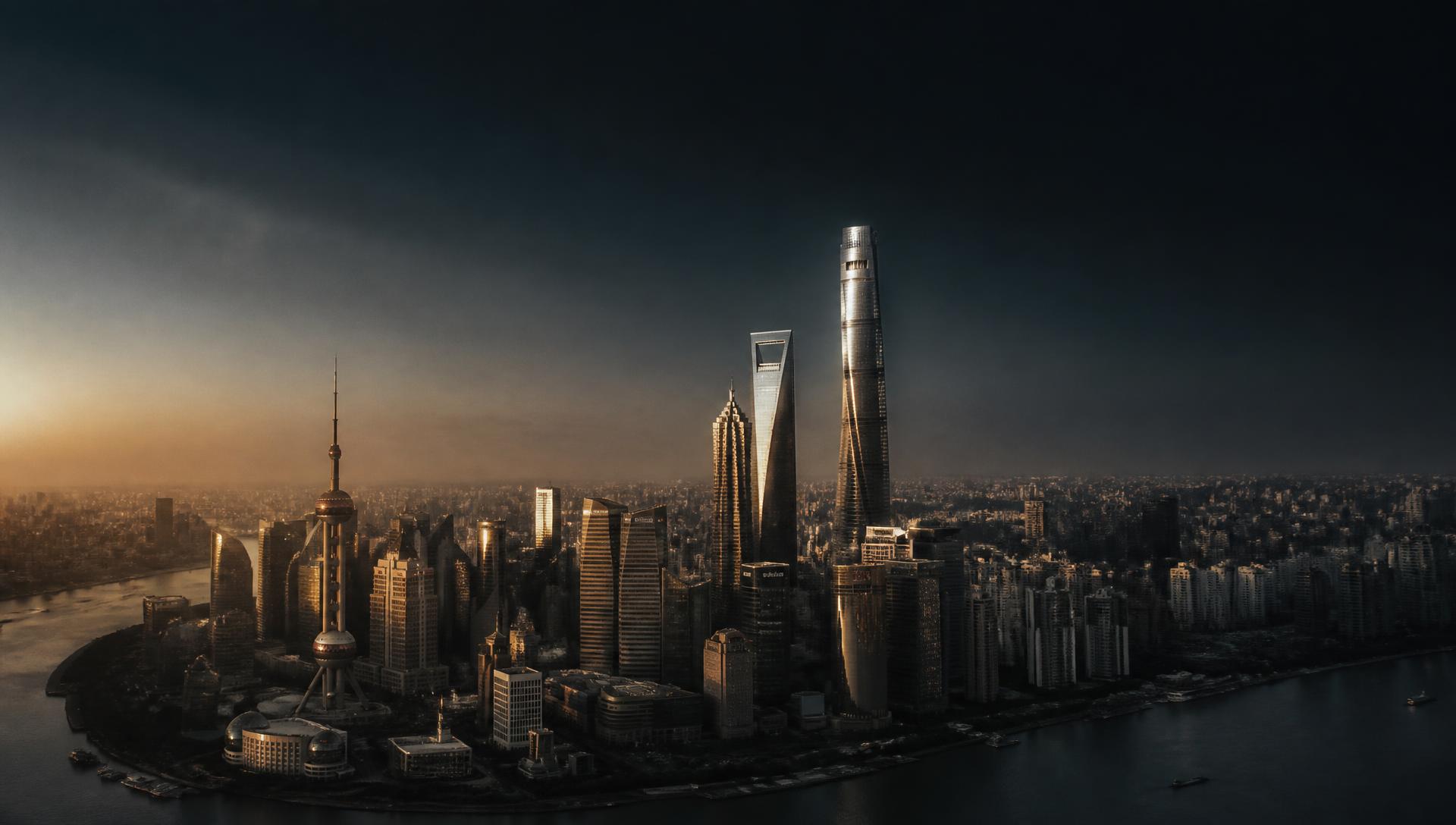 Aerial view of a global financial district skyline at dusk